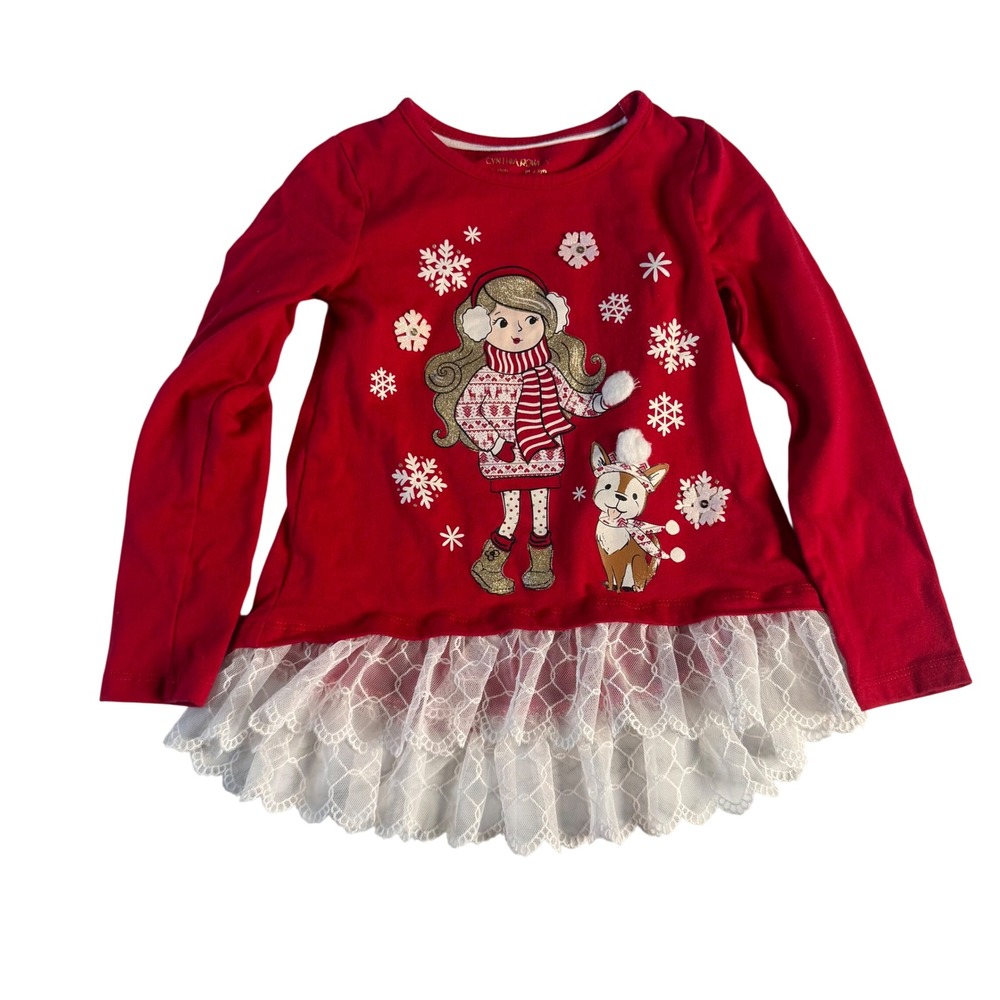 Cynthia Rowley Kids‎ Christmas Girl Dog Lace Hem Shirt Red XS